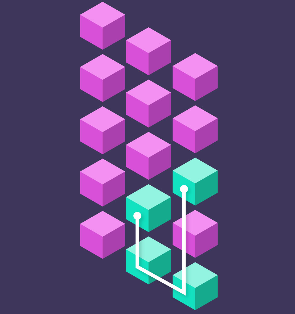 An isometric 3 by 5 grid is formed by square blocks. 4 blocks in the bottom-right are joined by a line and are in a different color demonstrating a focus, or bias, to the bottom-right of the grid.