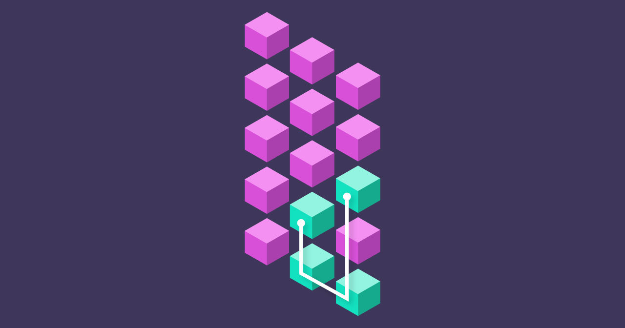 An isometric 3 by 5 grid is formed by square blocks. 4 blocks in the bottom-right are joined by a line and are in a different color demonstrating a focus, or bias, to the bottom-right of the grid.