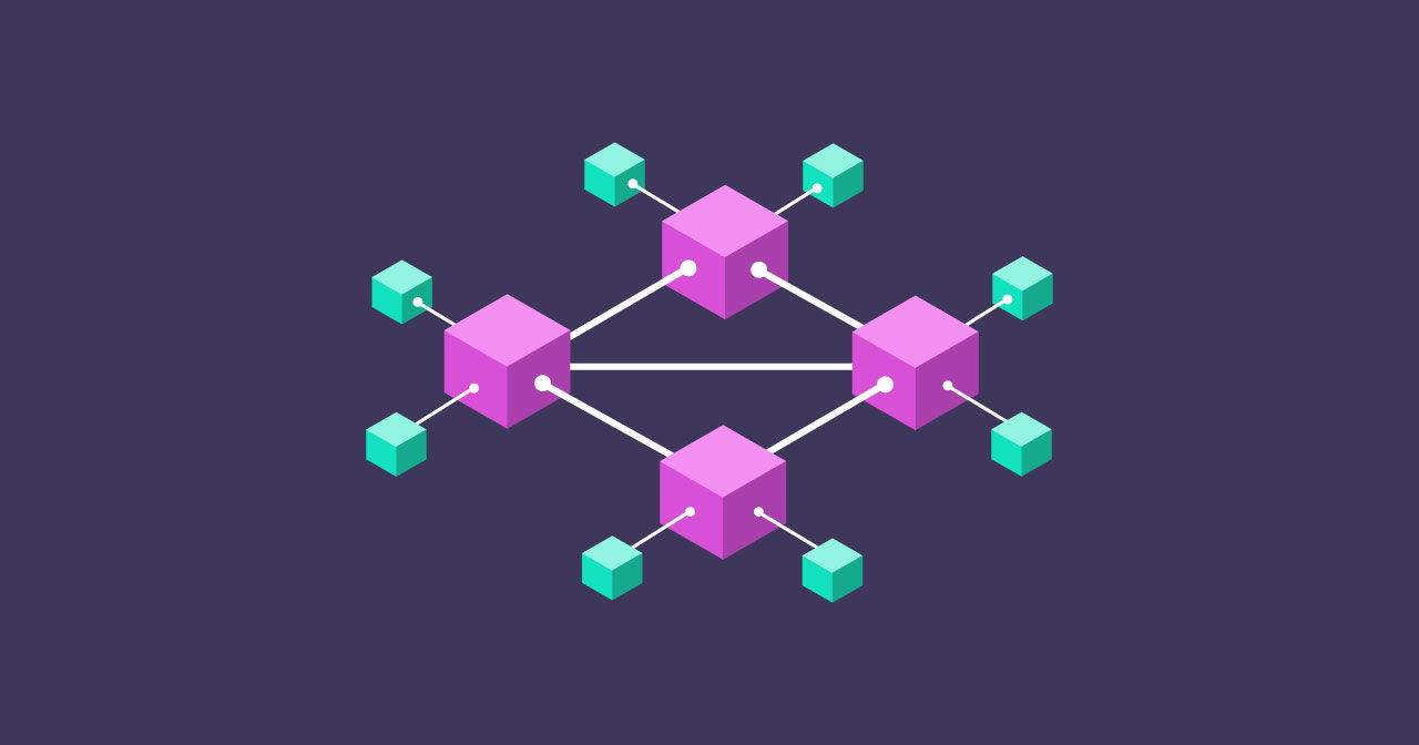 A group of isometric cubes is connected by lines to illustrate the connection of nodes to one another.